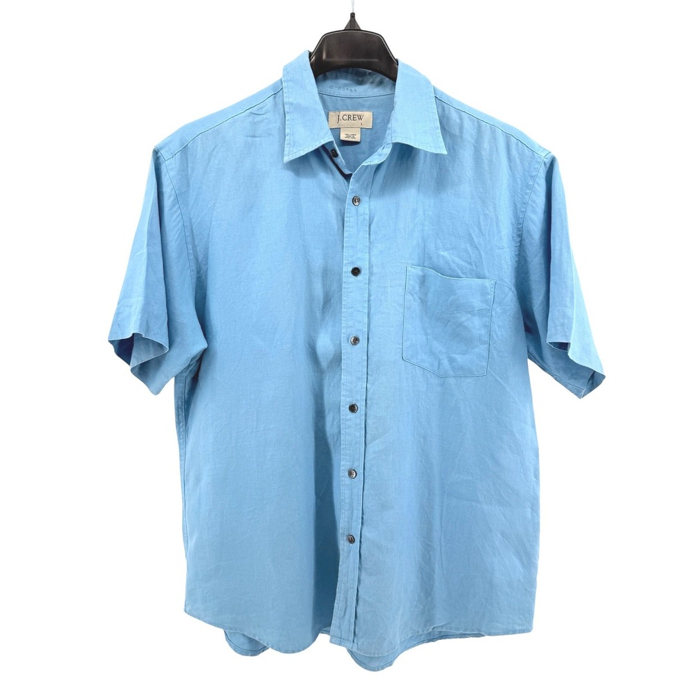 J.Crew Button Up Mens Large Pre-Owned Shirt Blue 100% Linen *FLAW Casual Coastal